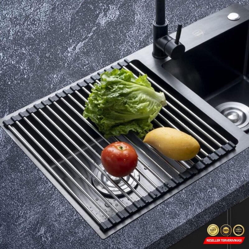 THTIS Rak Cuci Piring Stainless Foldable Kitchen Sink Drain Rack 37x30cm - Black [MRH2] - Image 3