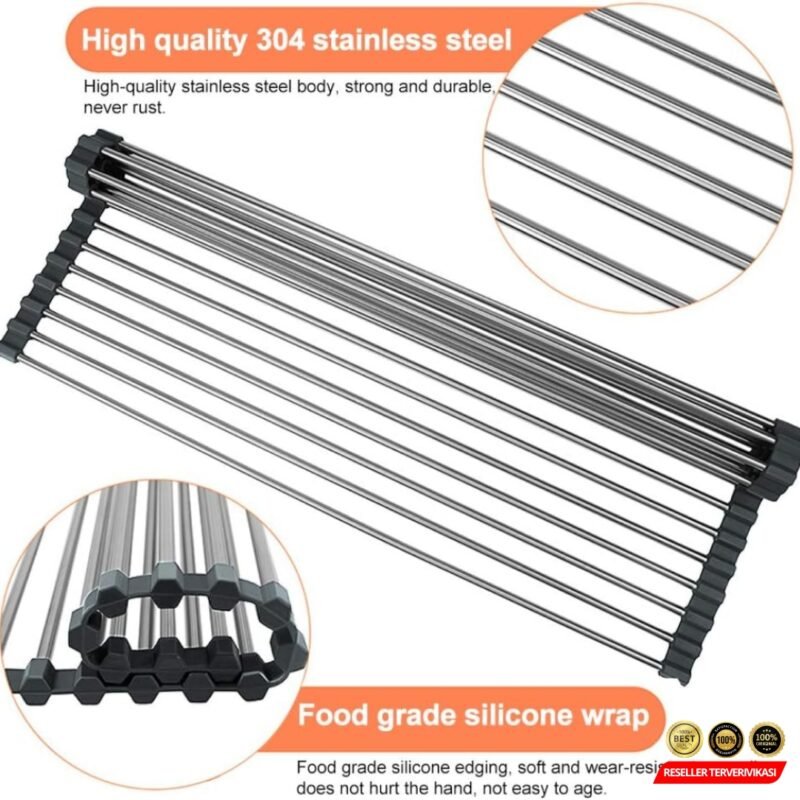 THTIS Rak Cuci Piring Stainless Foldable Kitchen Sink Drain Rack 37x30cm - Black [MRH2] - Image 5