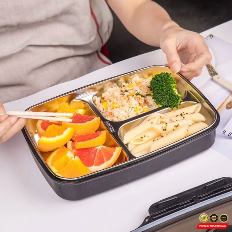 TaffHOME Kotak Makan Lunch Box Stainless Steel 3 Grid 1L – [MRH2] - Image 7