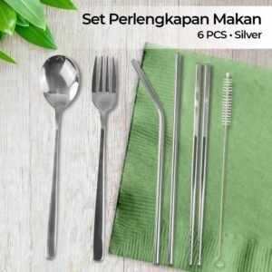 Set Alat Makan Sendok Garpu Sedotan Sumpit dengan Pouch 6 PCS