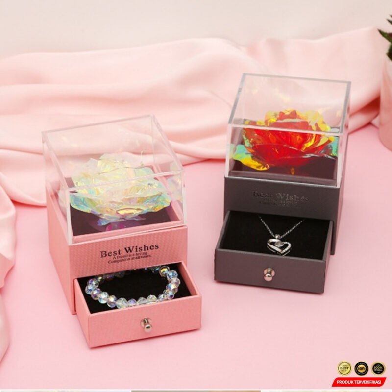 Kotak Perhiasan Bunga Mawar Rose Gift Box Drawer Acrylic - Gambar 5