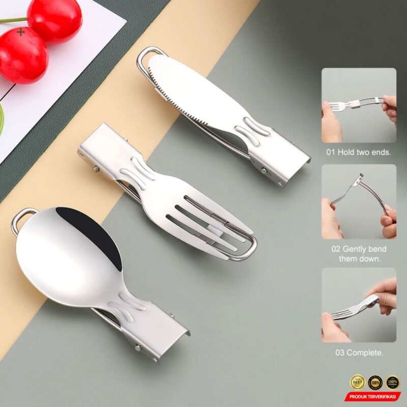 Set Alat Makan Sendok Garpu Pisau Lipat Portable Cutlery - Image 9