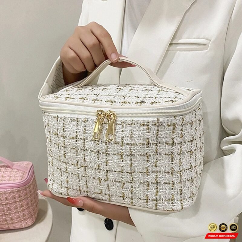 Tas Make Up Besar Korean Travel Organizer Storage Bag Tweed 22cm - Gambar 3