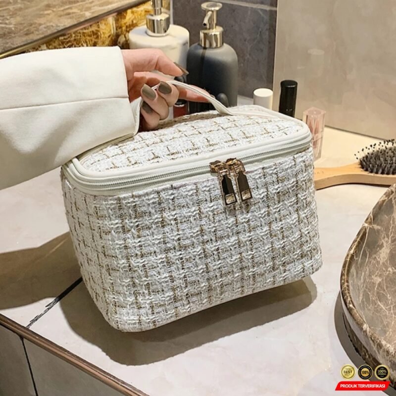 Tas Make Up Besar Korean Travel Organizer Storage Bag Tweed 22cm - Gambar 5