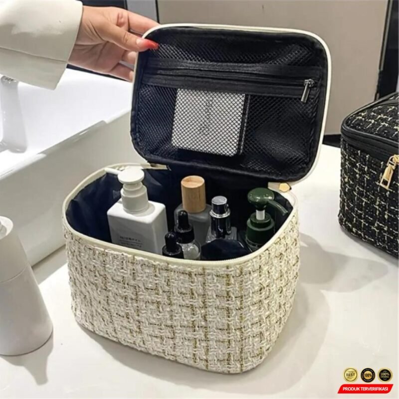 Tas Make Up Besar Korean Travel Organizer Storage Bag Tweed 22cm - Gambar 6