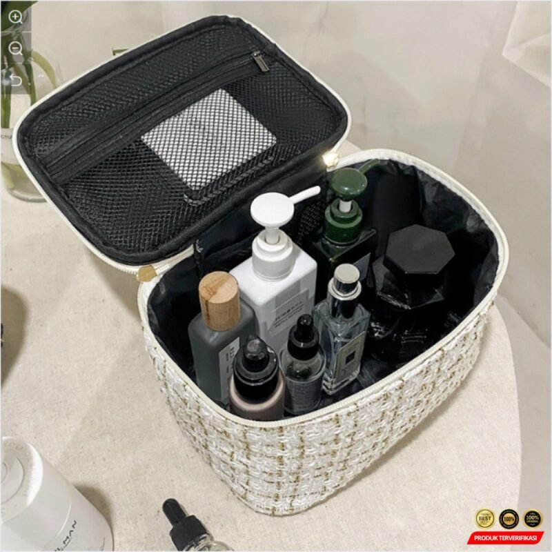 Tas Make Up Besar Korean Travel Organizer Storage Bag Tweed 22cm - Gambar 7