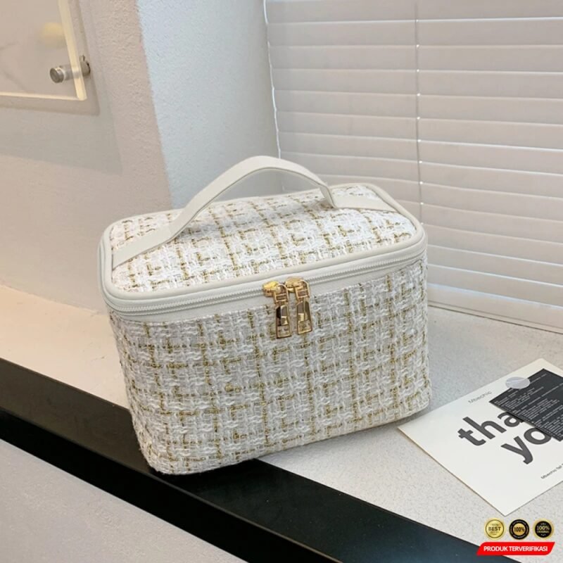 Tas Make Up Besar Korean Travel Organizer Storage Bag Tweed 22cm - Gambar 8