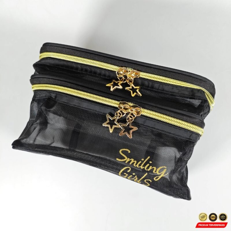 Smiling Girl Tas Make Up Kosmetik Double Layer Mesh 20.5x13x14cm - Image 3