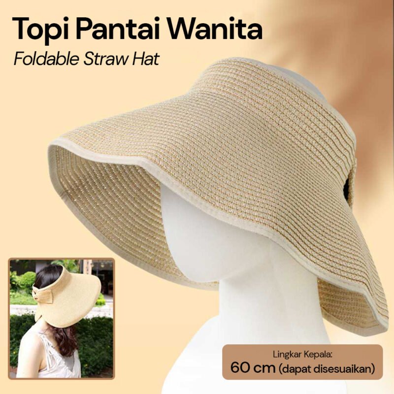 Topi Pantai Wanita Panama Foldable Summer Beach Straw Hat 60cm