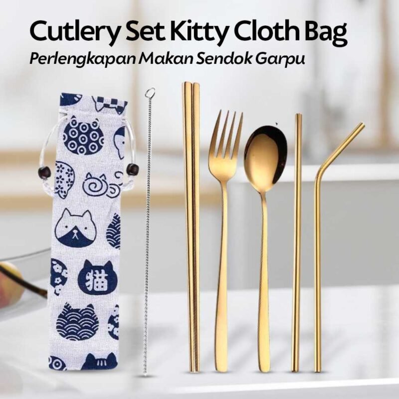 Set Alat Makan Perlengkapan Sendok Garpu Kitty Cutlery Cloth Bag