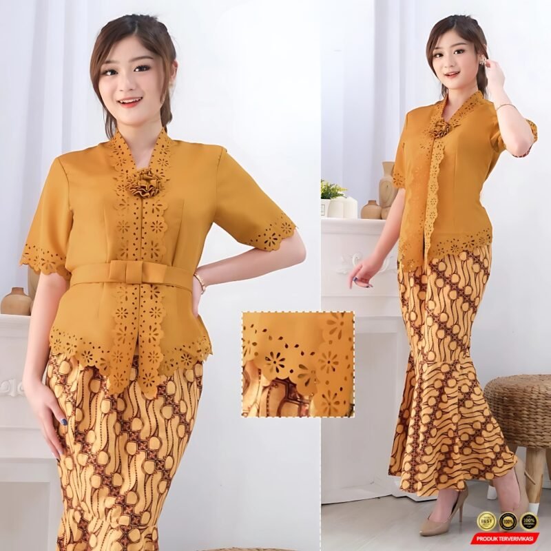Kebaya encim modern katun laser cut fashion wanita - Gambar 5