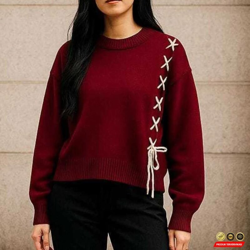 Sweater Rajut Wanita Motif Tali Kur Korean Style Knitwear Premium Oversize Bila Blouse - Gambar 4