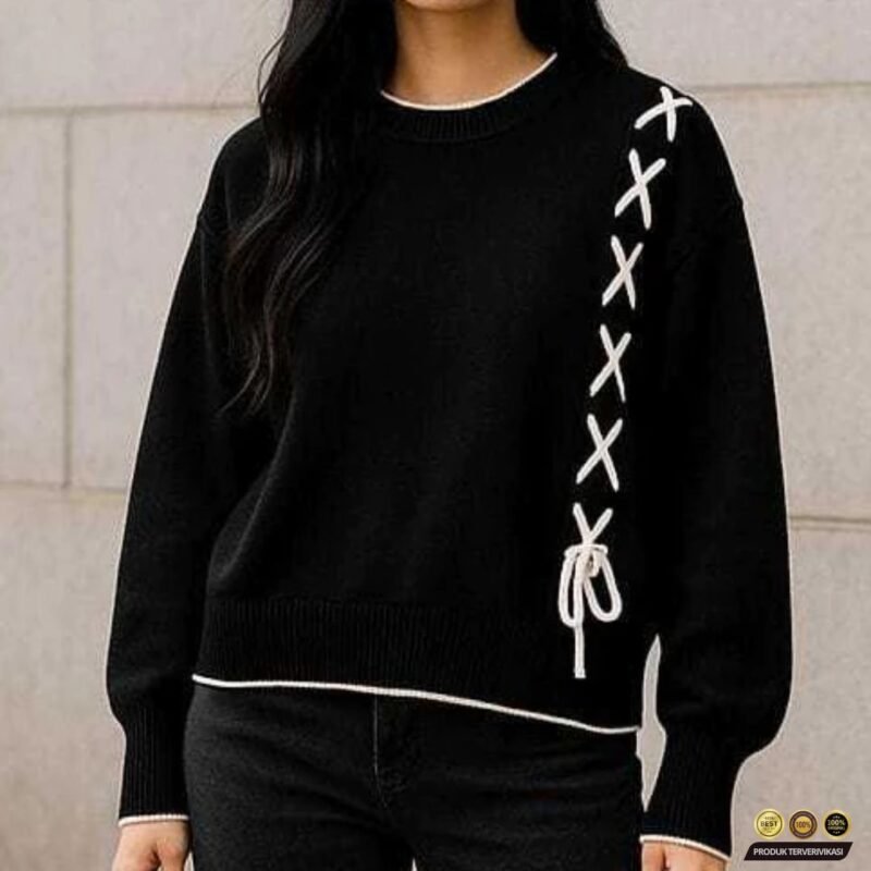 Sweater Rajut Wanita Motif Tali Kur Korean Style Knitwear Premium Oversize Bila Blouse - Gambar 2