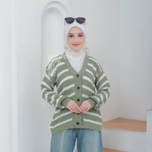 Cardigan Rajut Oversized Lengan Panjang Tebal Halus Salur Softmint Atasan Wanita Knitwear Aghnia