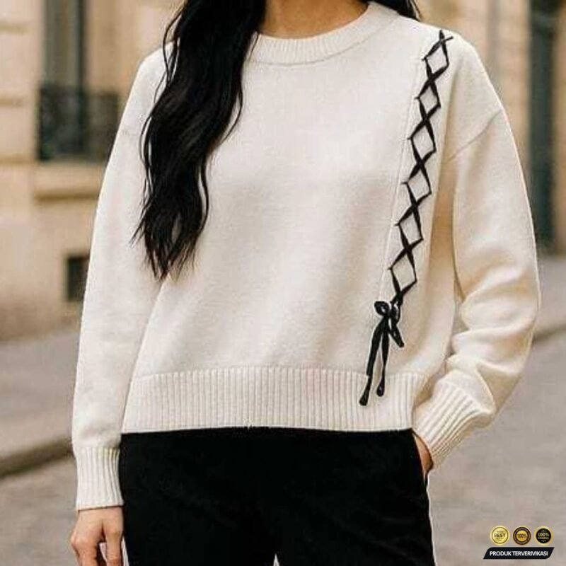 Sweater Rajut Wanita Motif Tali Kur Korean Style Knitwear Premium Oversize Bila Blouse - Gambar 3