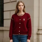 Cardigan Rajut Wanita Model Polo Bordir Horse Lengan Balon Elegan Premium