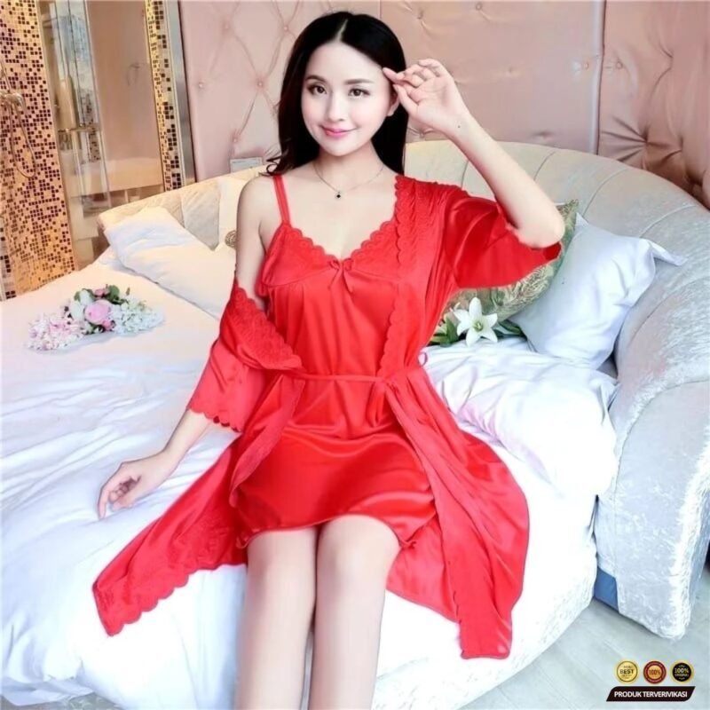 Gaun tidur wanita SET 2in1 model kimono  luaran dan dalaman - Gambar 4