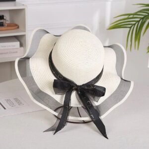 Topi Pantai Wanita Pita Tile Model Gelombang Elegan Summer Hat Fashionable